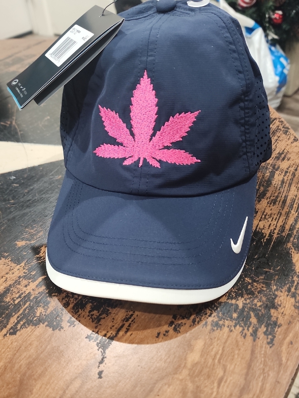 Nike Dri-FIT Navy Athletic Hat "Pink Leaf" Embroidered Adjustable Cap